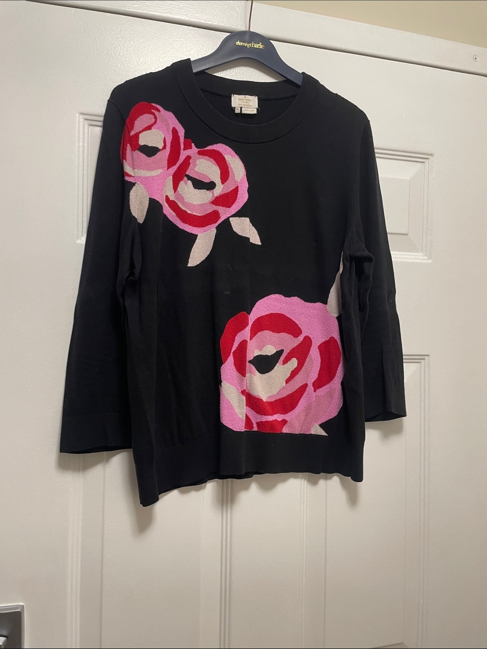 kate spade Black Crewneck Sweater with Pink & Red Rose Motif